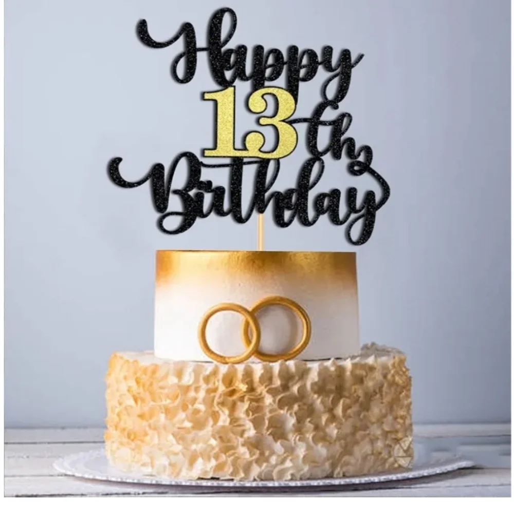 Black and Gold Happy 13th Birthday Cake Topper Lot Of 2 Packs